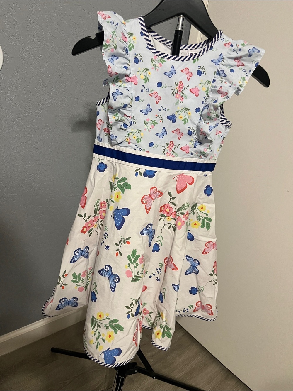 Blueberi Boulevard White Dress with Multicolor Butterfly & Floral Print